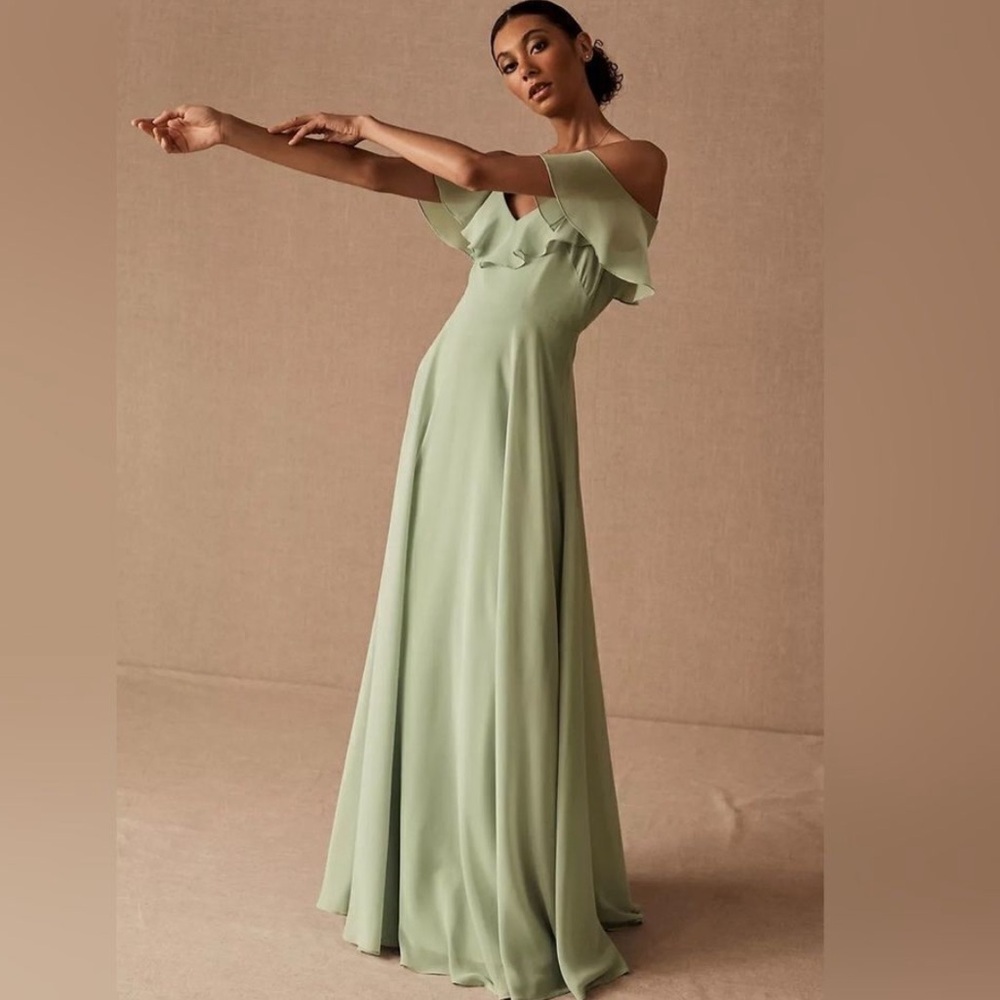 BHLDN Jenny Yoo Mila Dress Whisper Chiffon Flutter Sleeve Morning Mist 8
